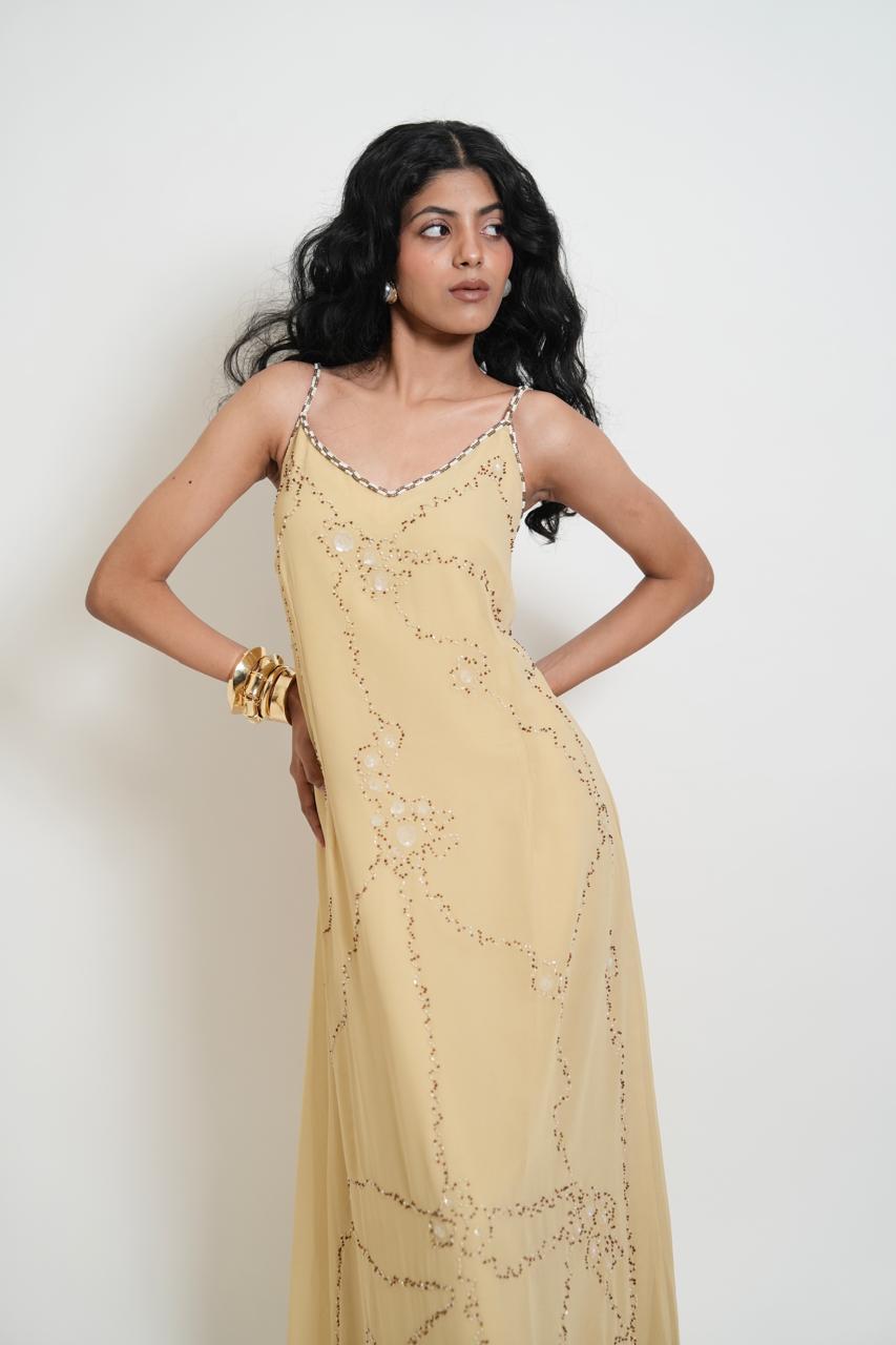 Vintage yellow embellished maxi dress