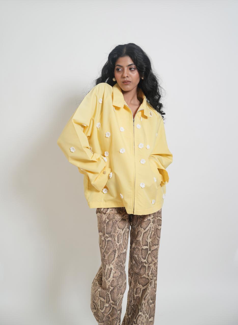 Yellow reworked jacket with crochet flowers