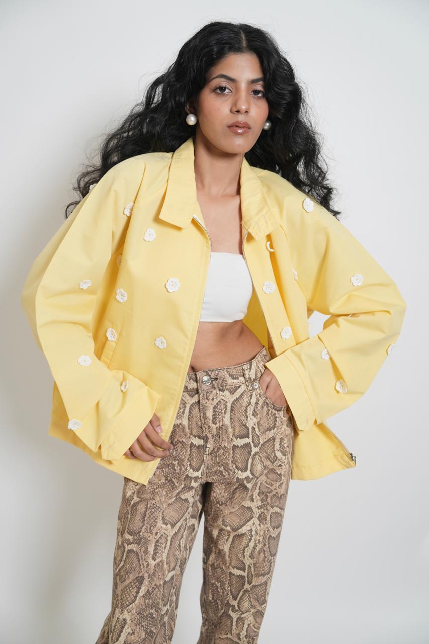 Yellow reworked jacket with crochet flowers