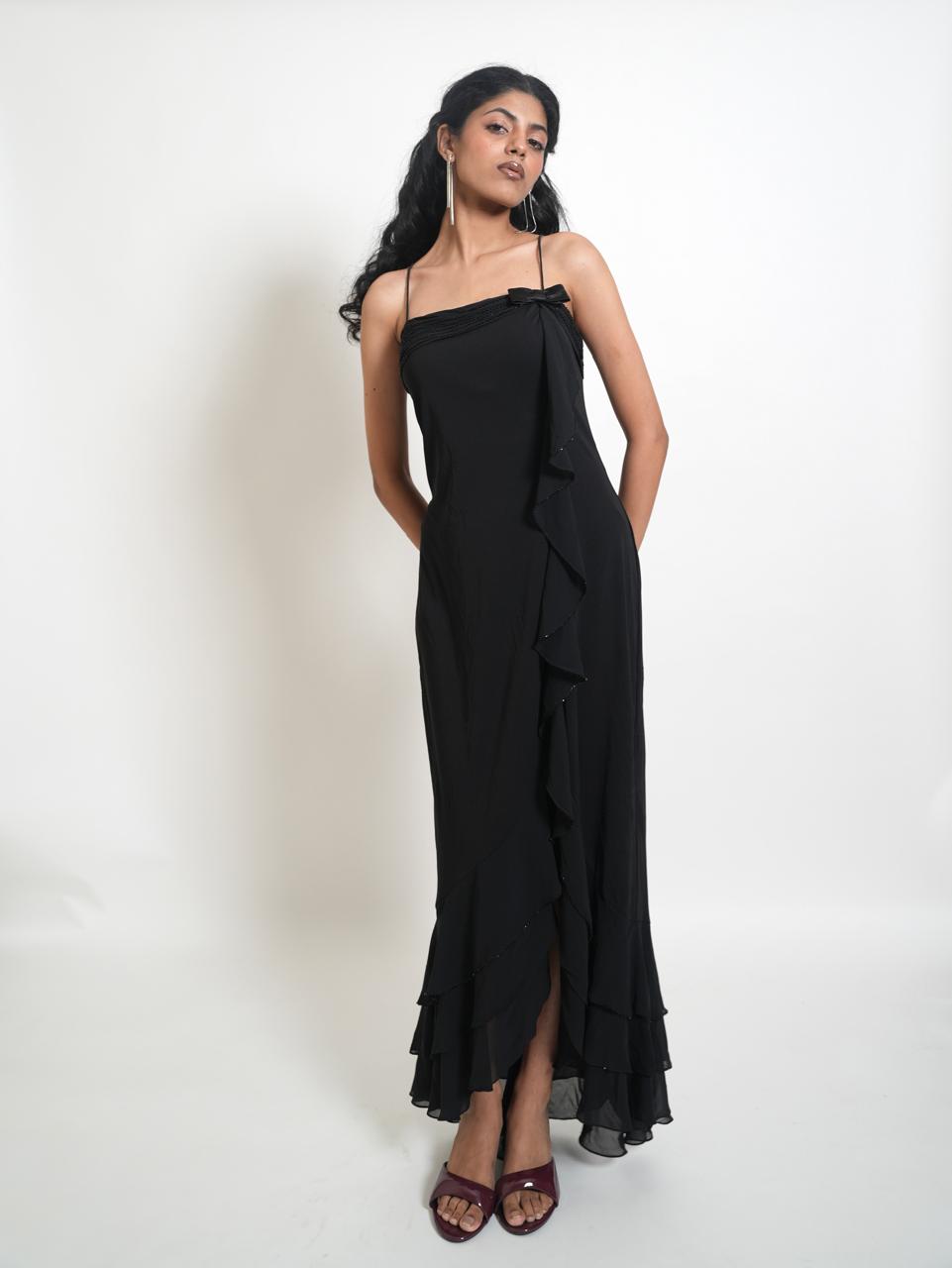 Vintage black maxi ruffled dress