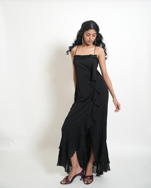 Vintage black maxi ruffled dress