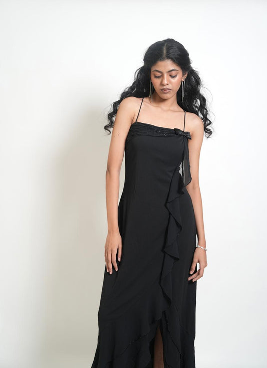 Vintage black maxi ruffled dress