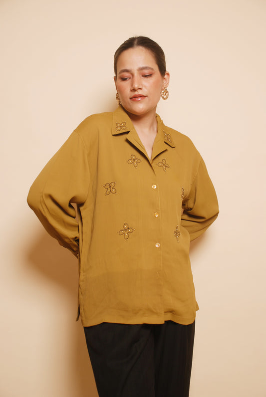 Pickle green shirt with floral embroidery