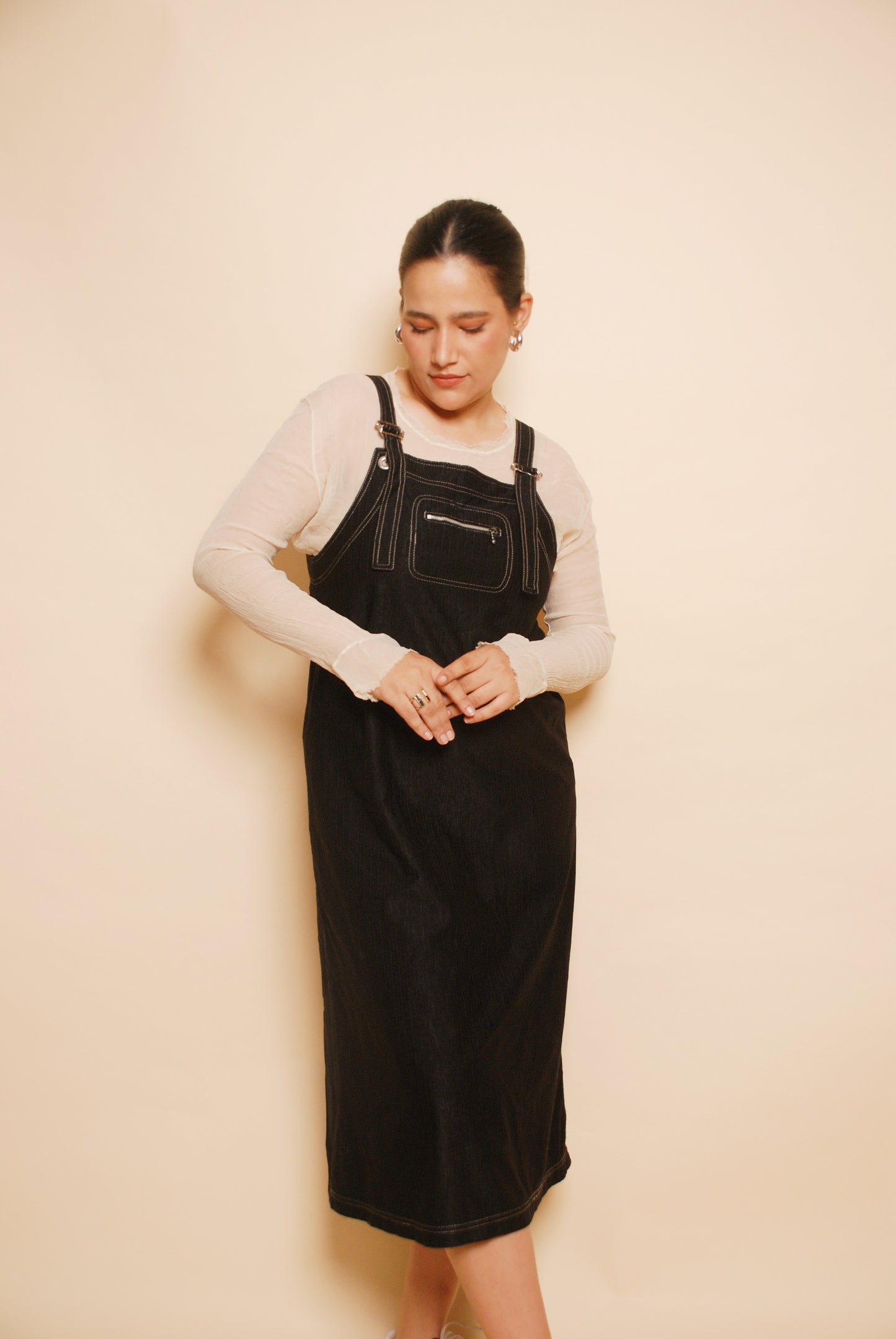 Black dungaree midi dress with contrast stitch