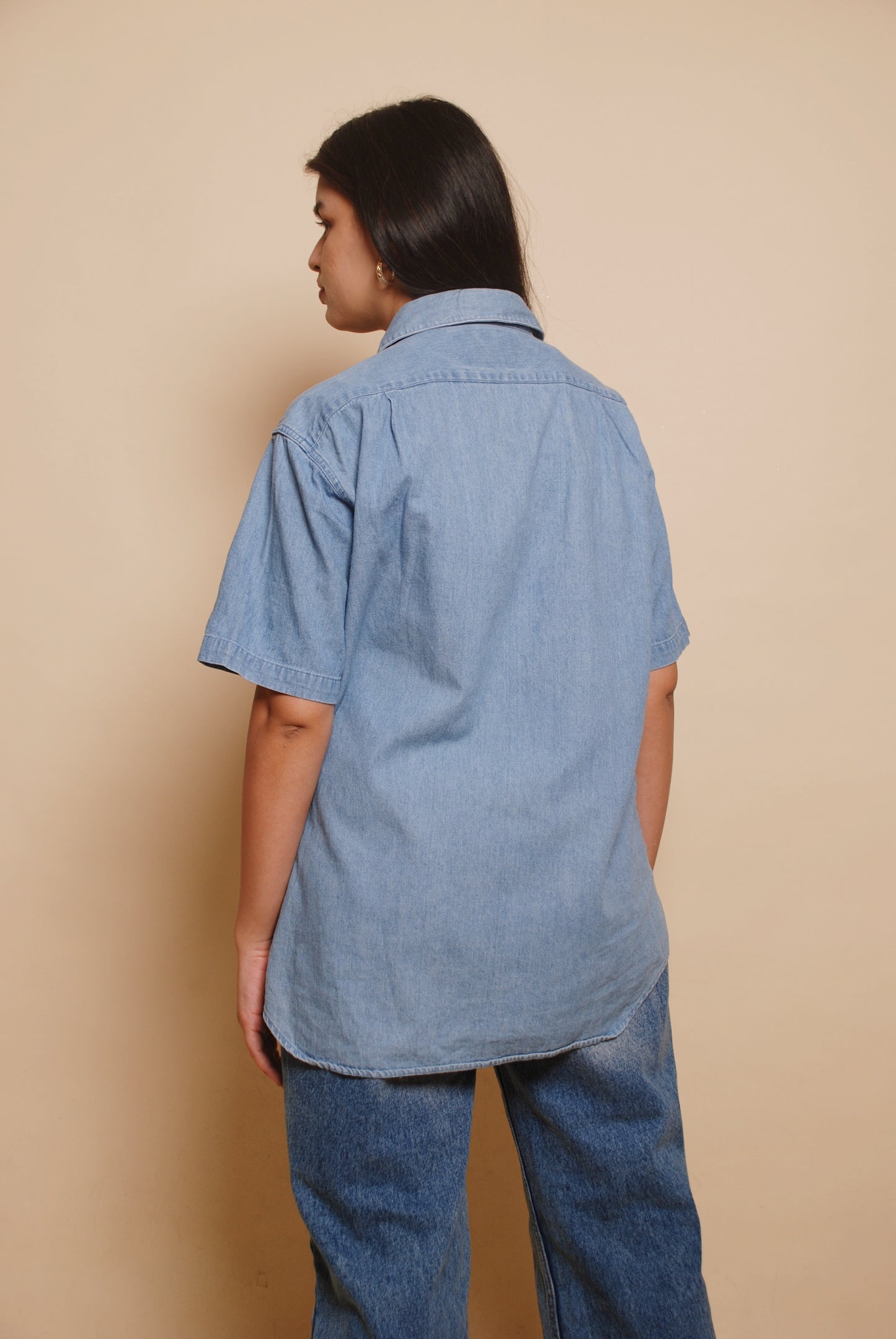 Vintage blue soft denim shirt with embroidery