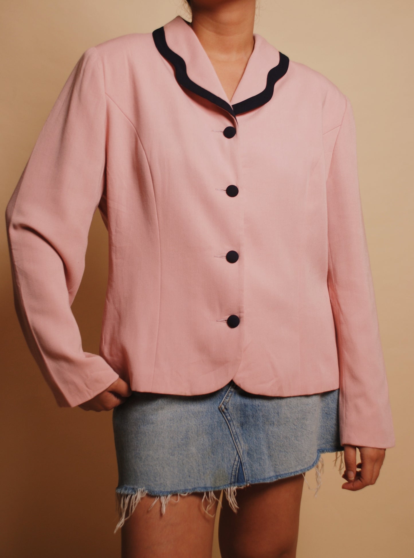 Vintage blush pink blazer with contrast piping