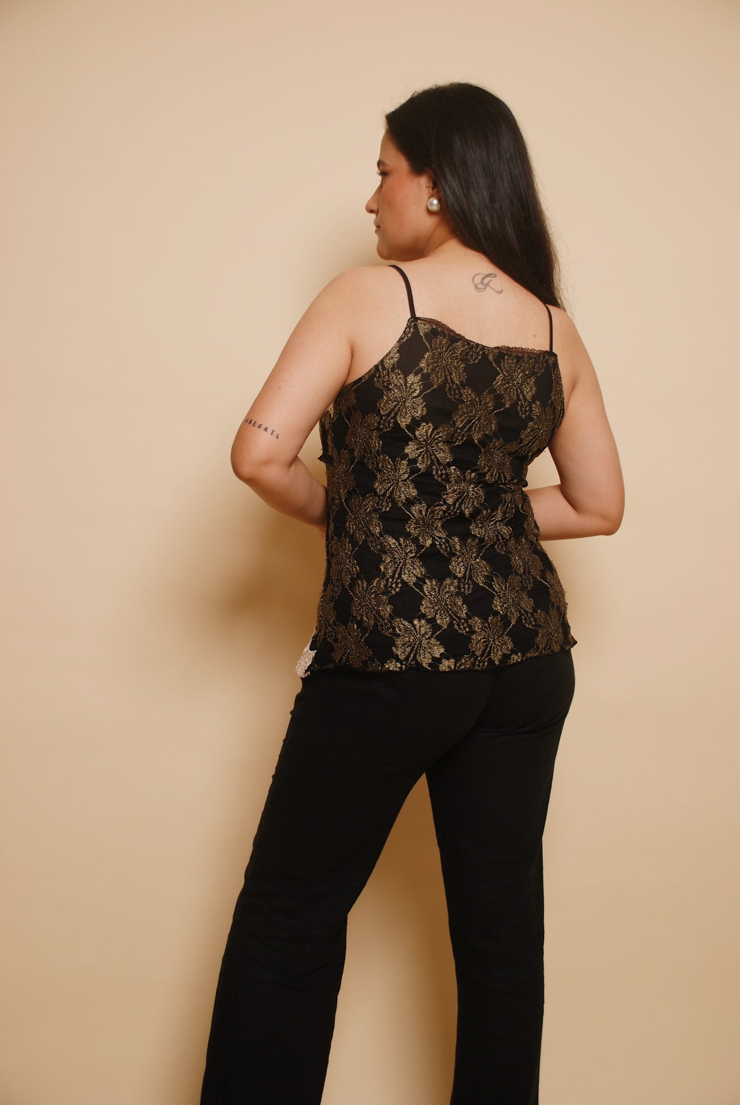 Black and gold spaghetti top with lace detailing