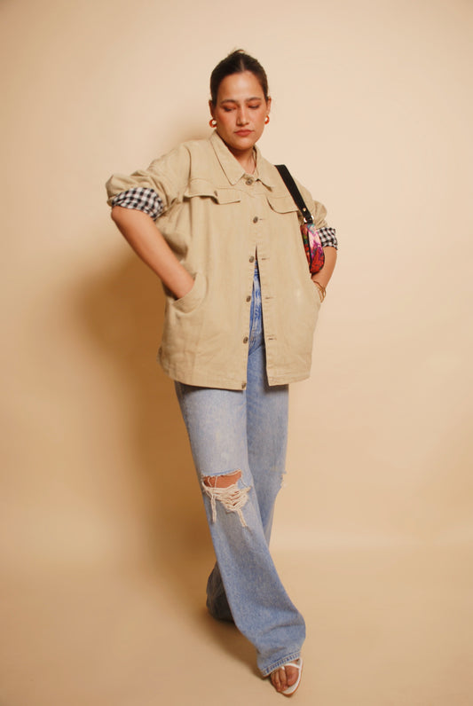 Beige full sleeve denim jacket