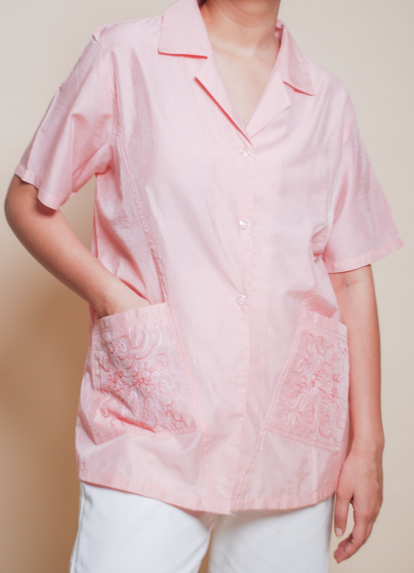 Pink short sleeve embroidered shirt