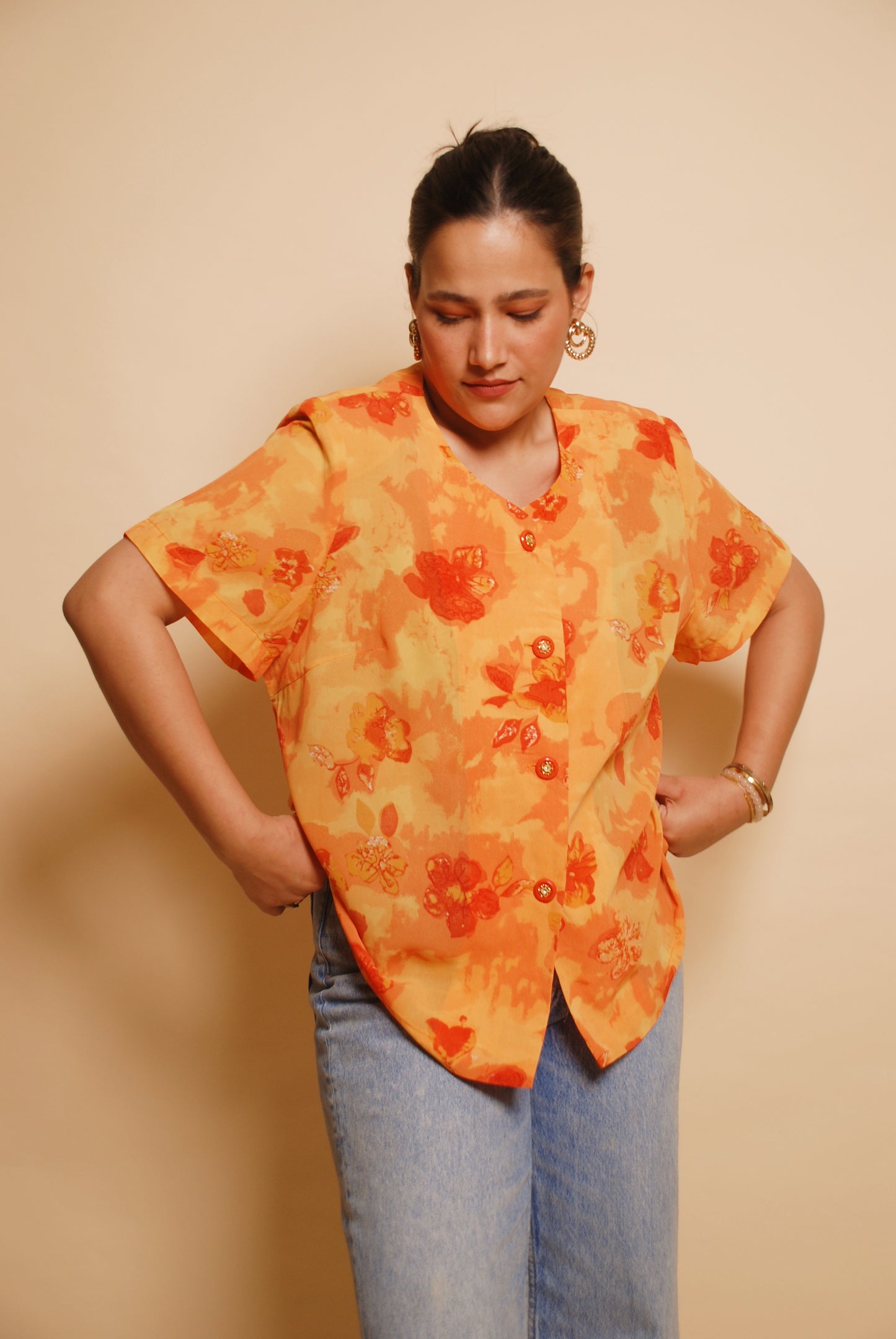 Vintage orange & yellow floral blouse