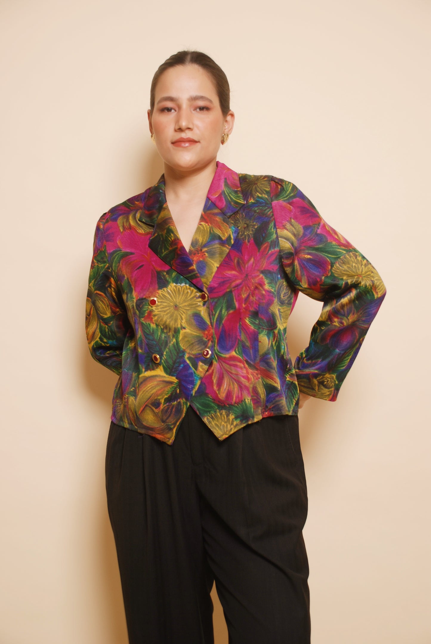 Multicolor floral double breasted shirt with ornamental buttons