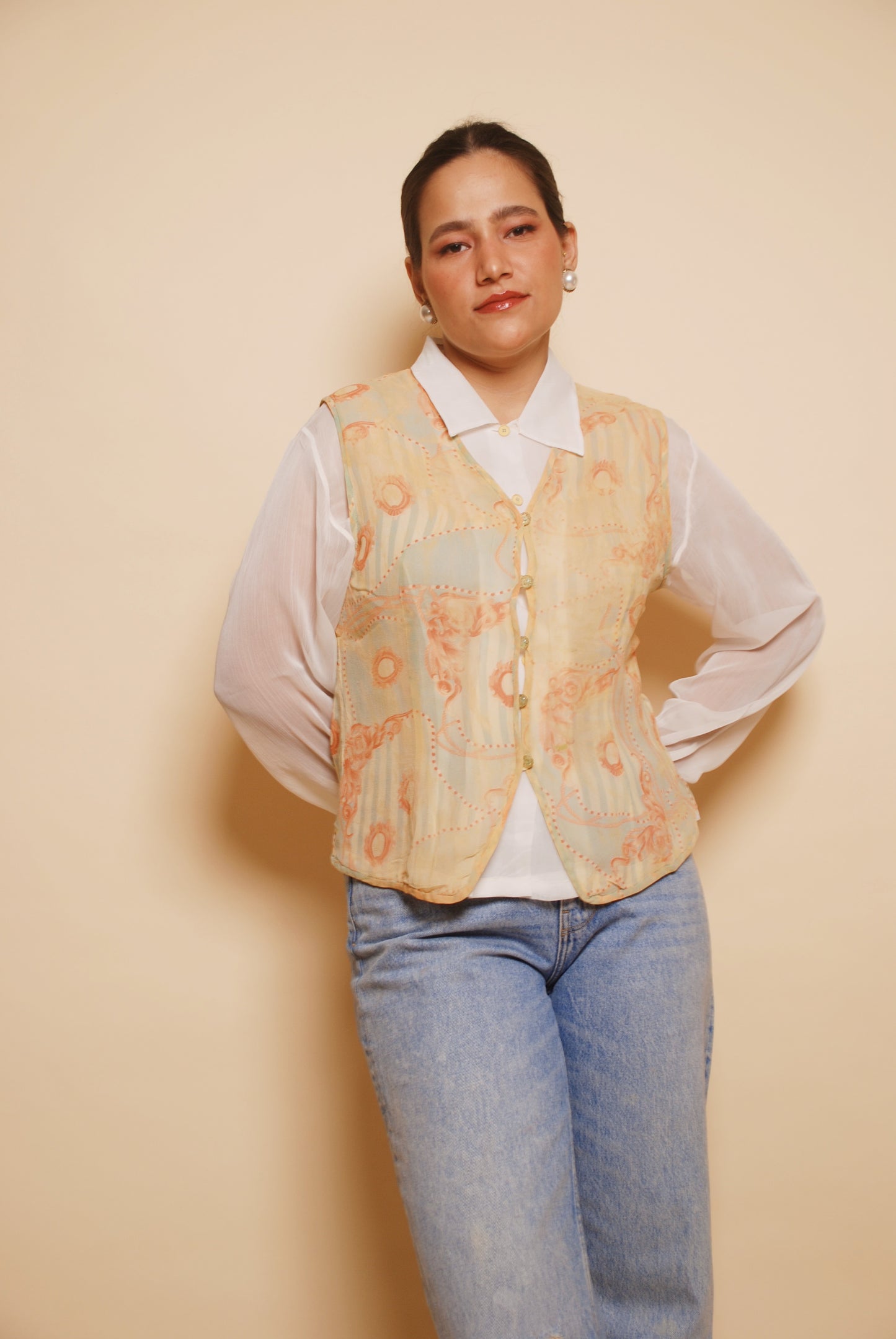 White shirt with attached printed waistcoat