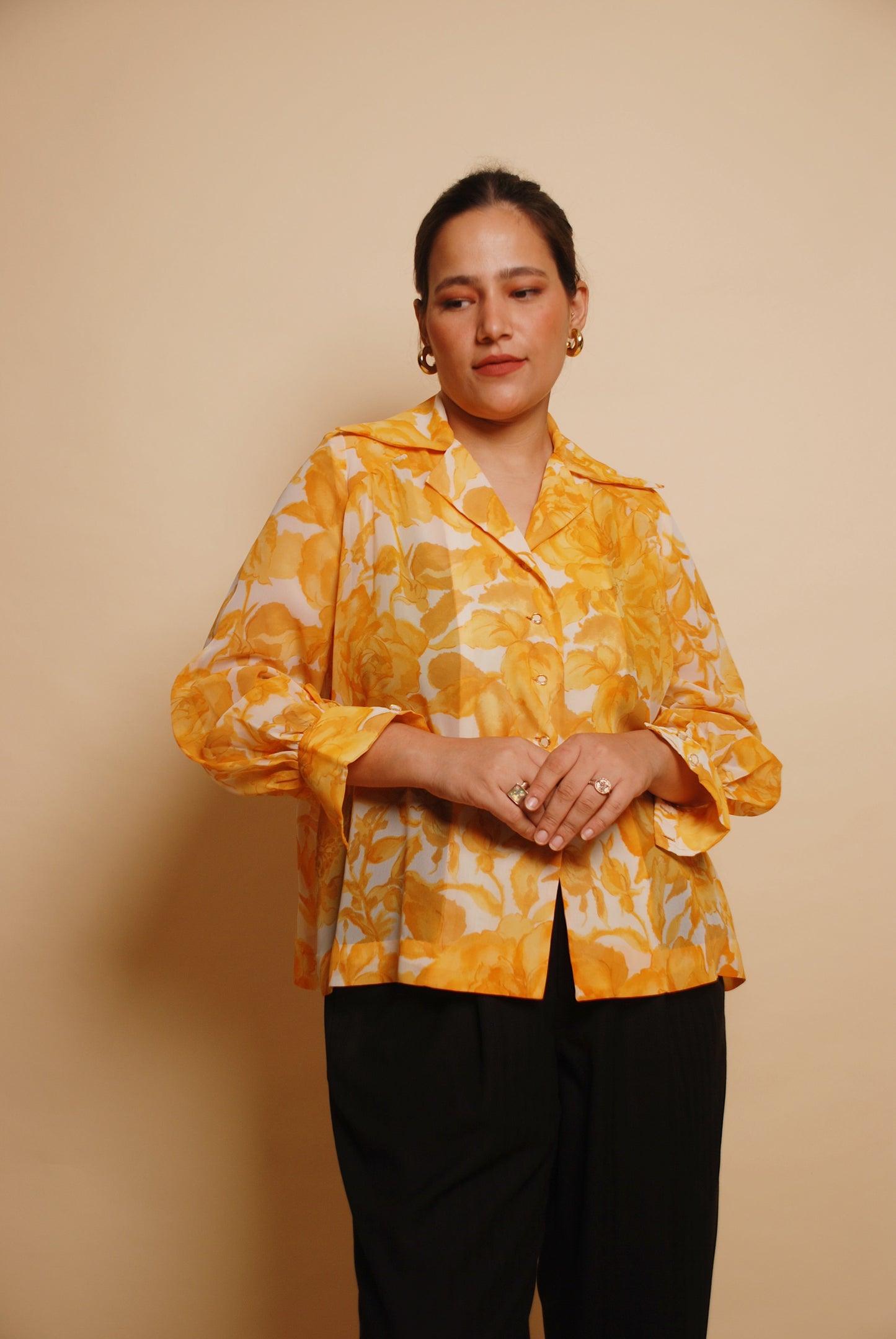 White & orange semi sheer floral shirt