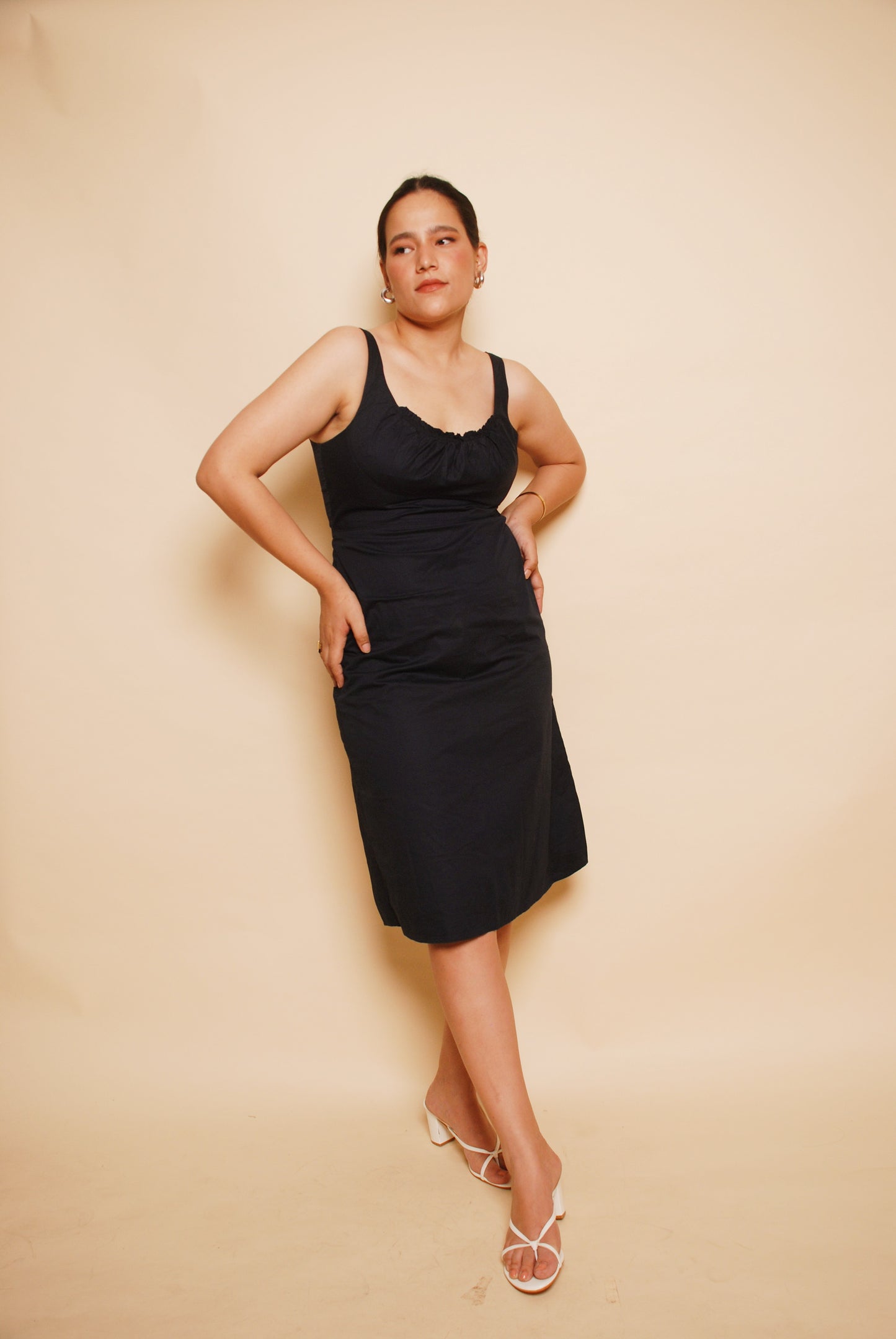 Navy blue A-line sleeveless midi dress