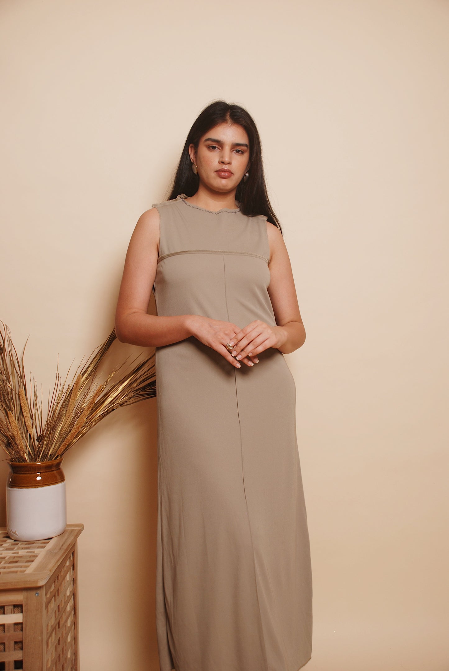 Sage green reverse stitch maxi dress