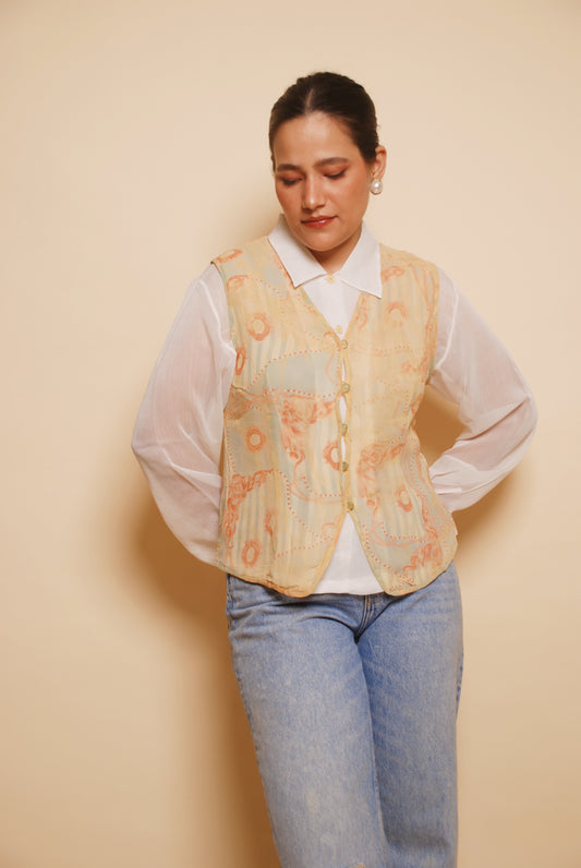 White shirt with attached printed waistcoat