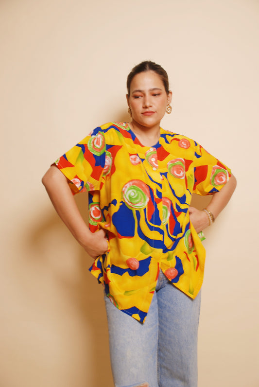 Yellow abstract print u-neck blouse