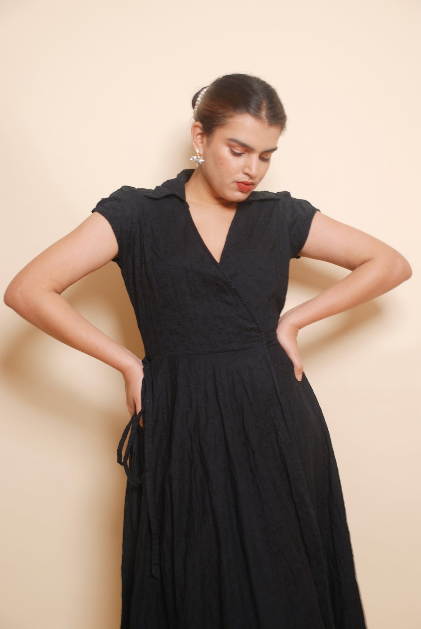 Black wrap embroidered shirt dress