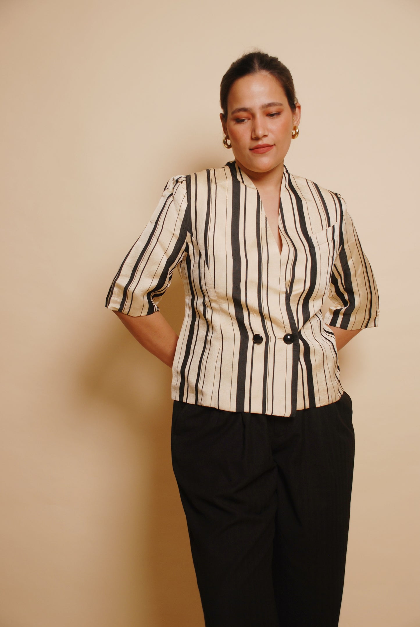 Black and beige striped double breasted blazer