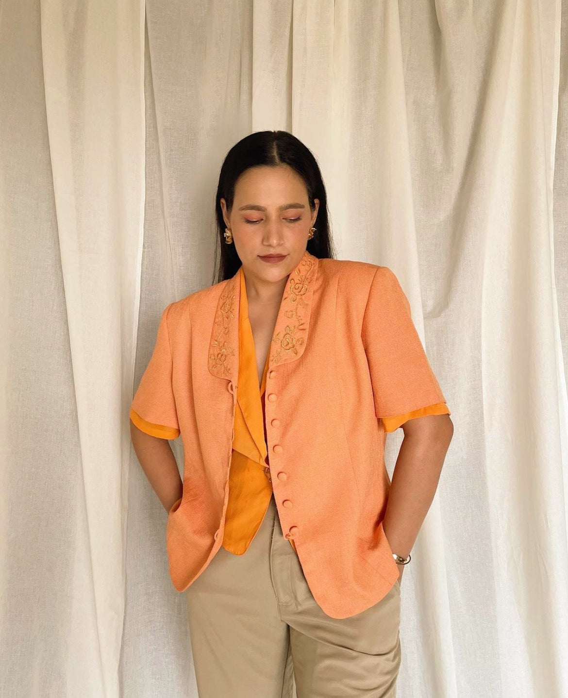 Vintage 70’s orange embroidered short sleeve blazer