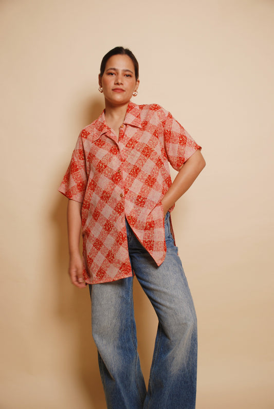 Red printed shirt with ornamental buttons