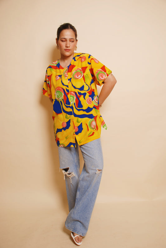 Yellow abstract print u-neck blouse