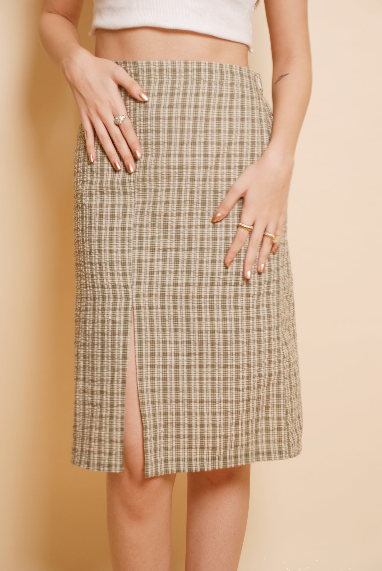 Green checkered textured midi skirt