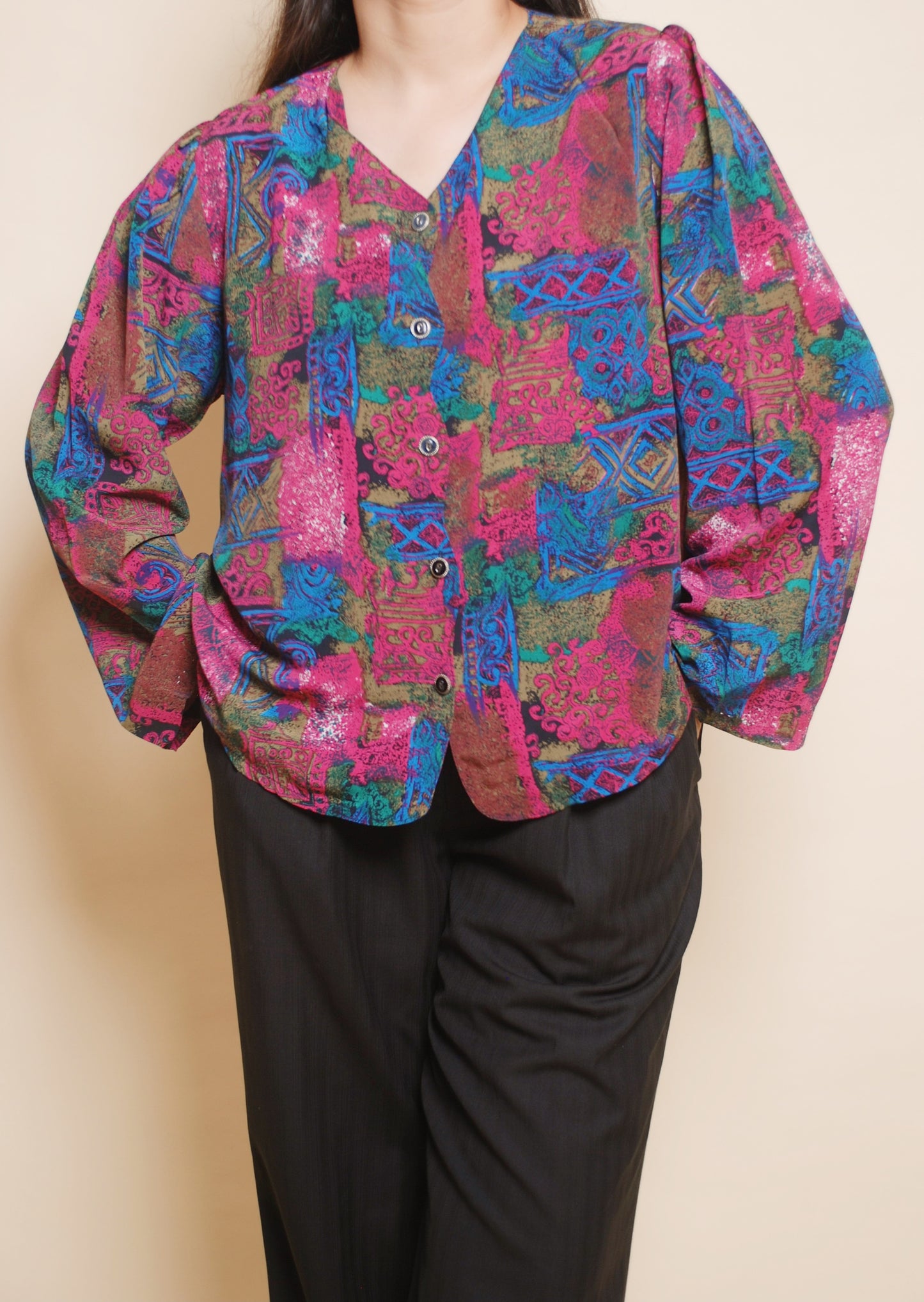 Multicolour printed blouse with puffed sleeves