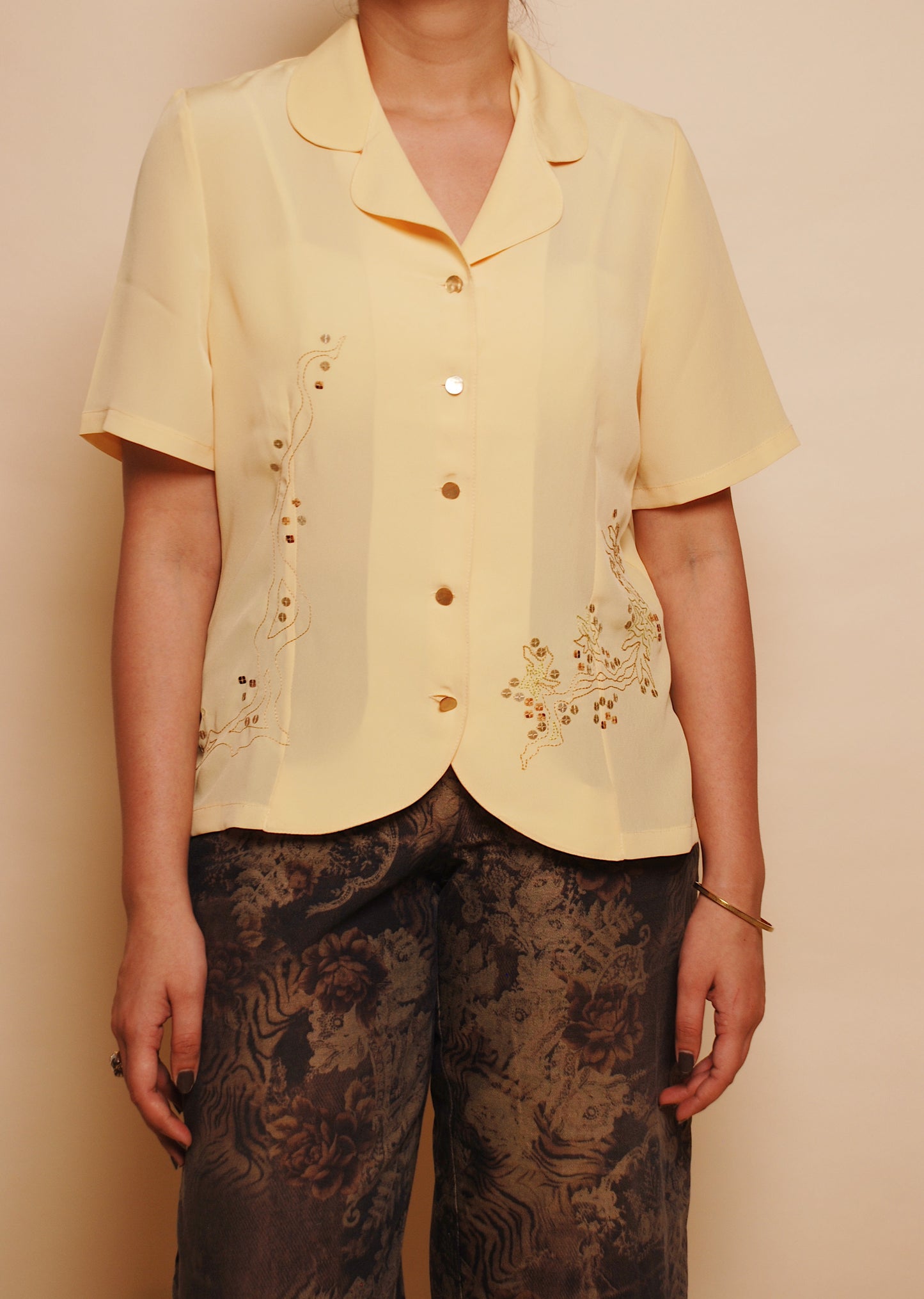 Yellow short sleeve embroidered blouse