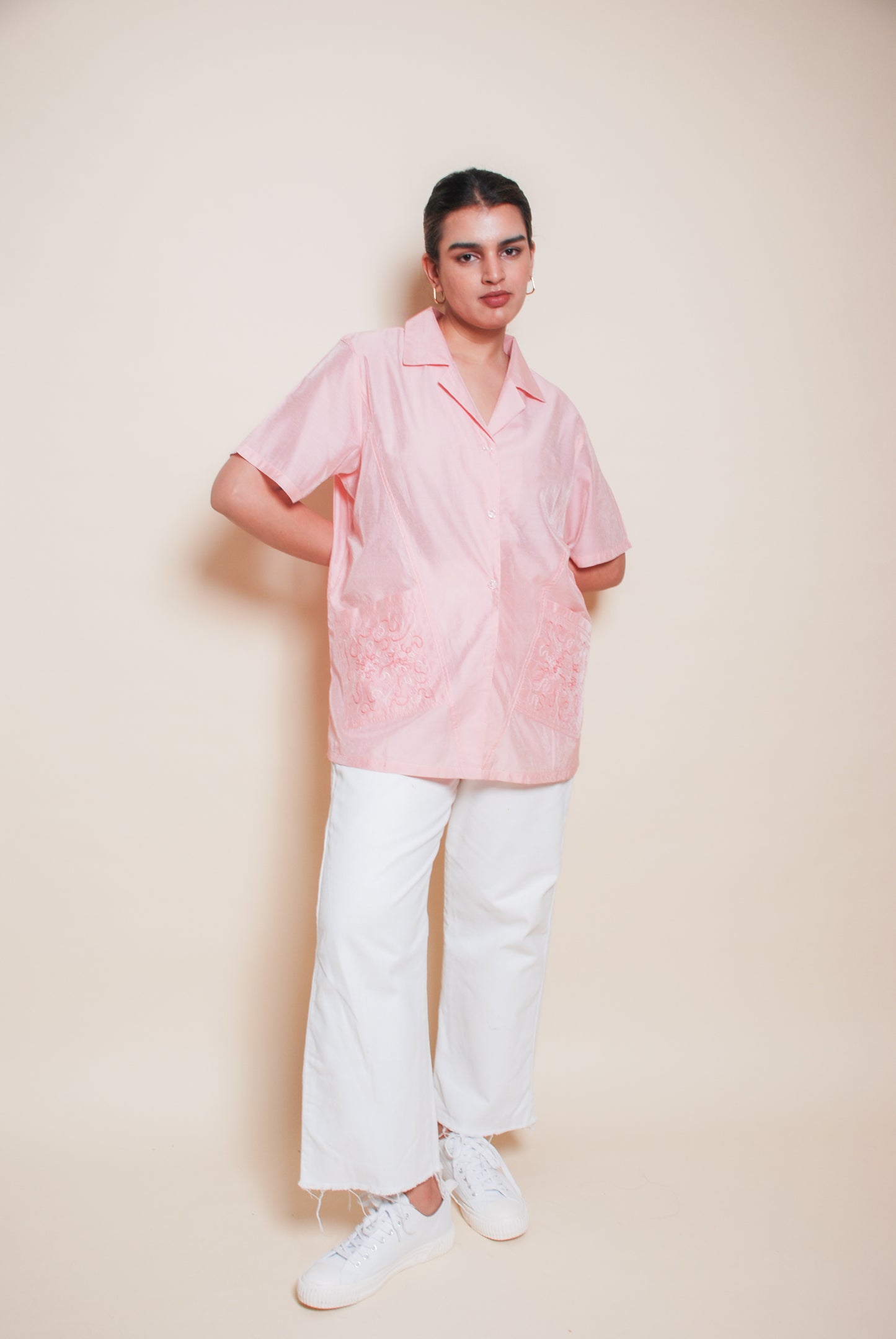 Pink short sleeve embroidered shirt