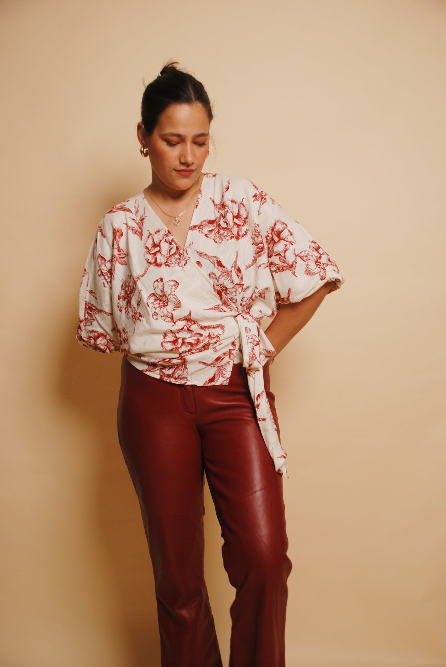 White & red floral wrap top