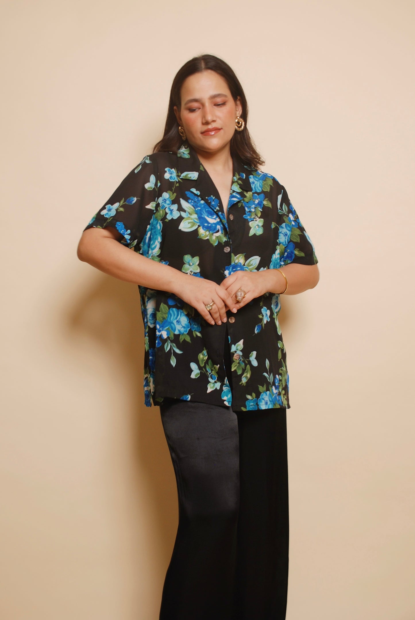 Black & blue see through floral resort shirt