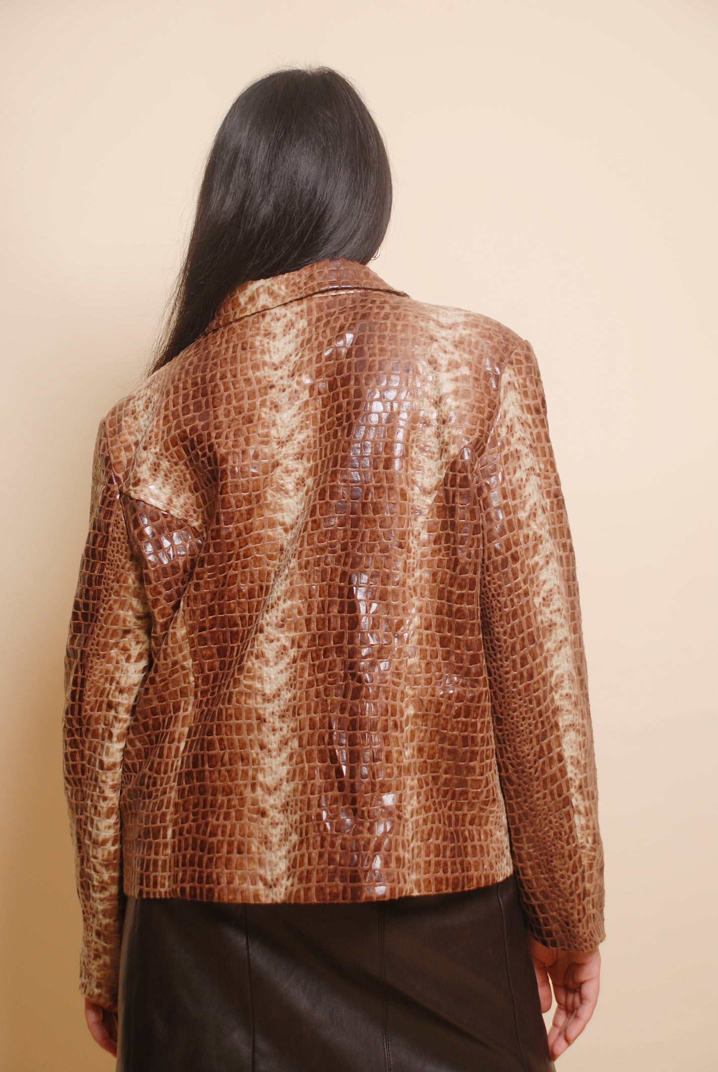 Tan snake print leather jacket