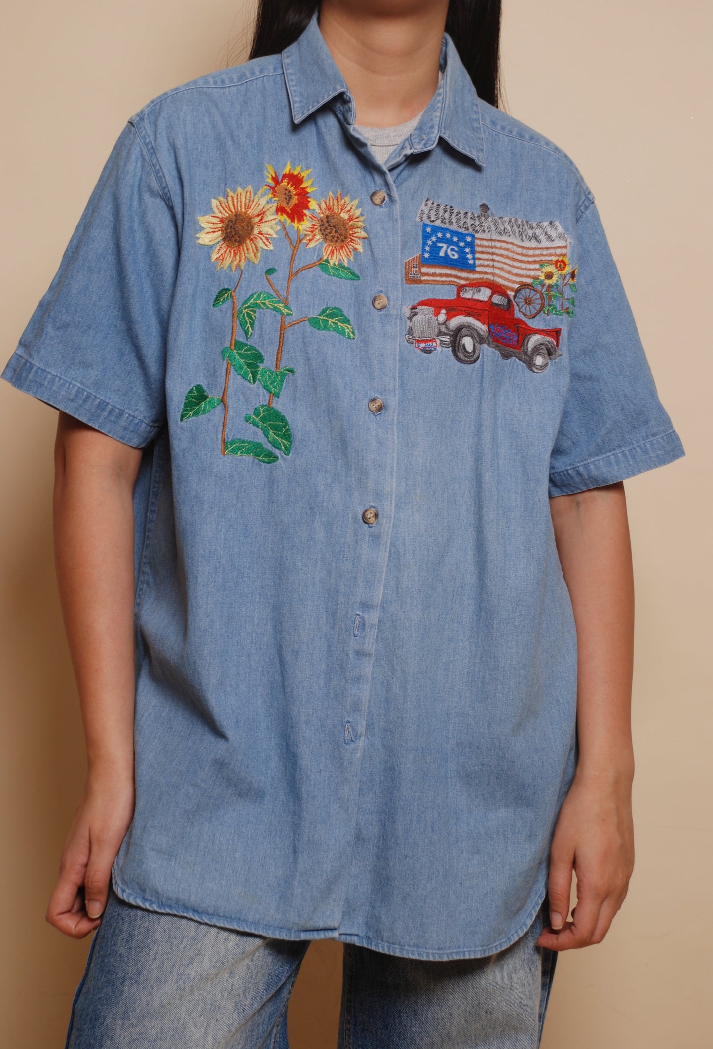 Vintage blue soft denim shirt with embroidery