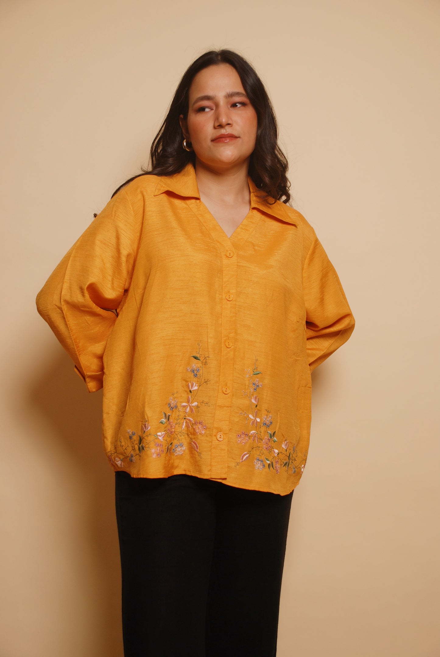 Orange floral embroidered shirt