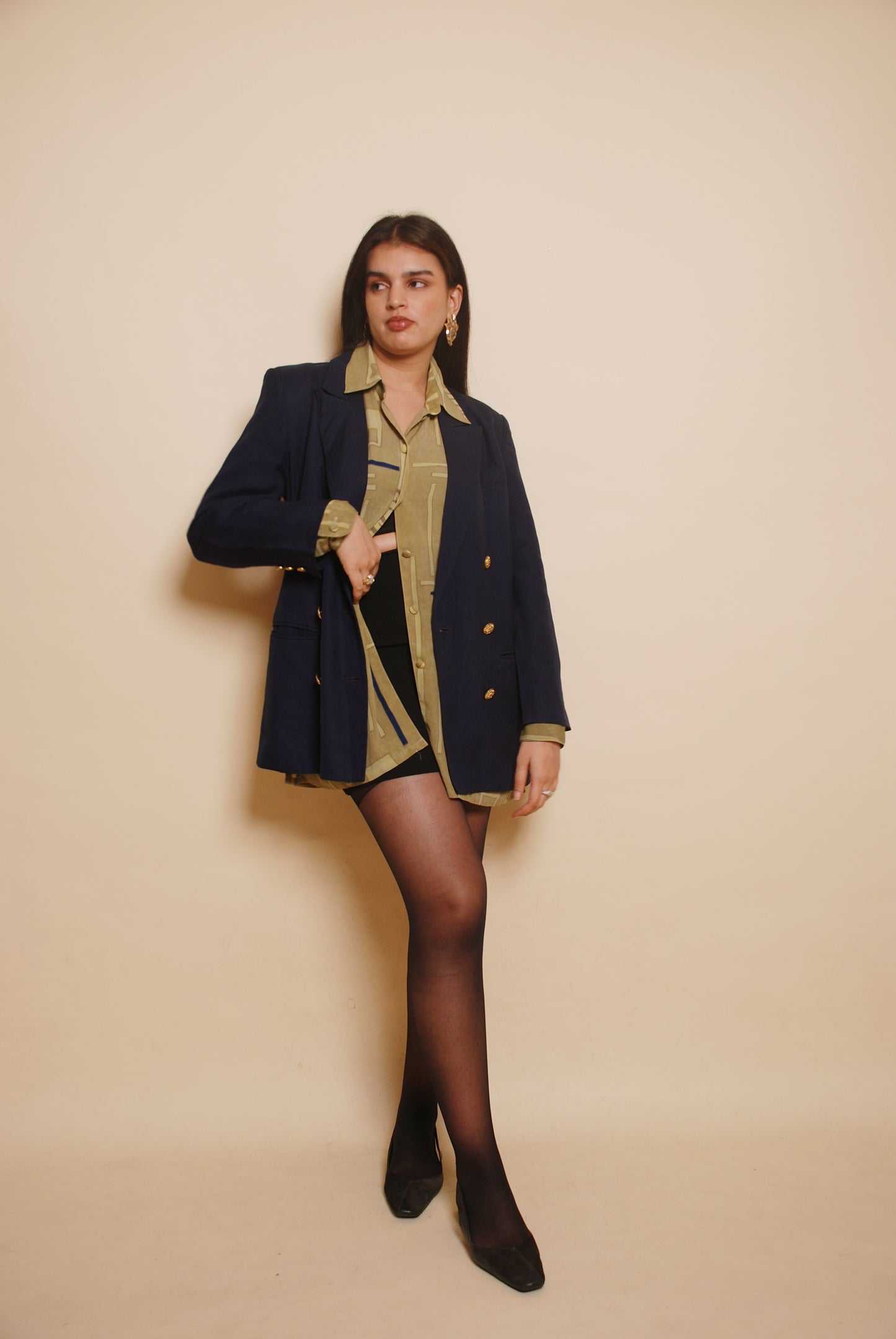 Navy blue double breasted blazer with ornamental buttons