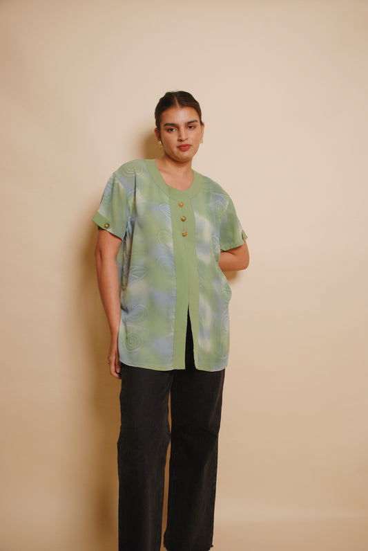 Green u-neck blouse with ornamental buttons