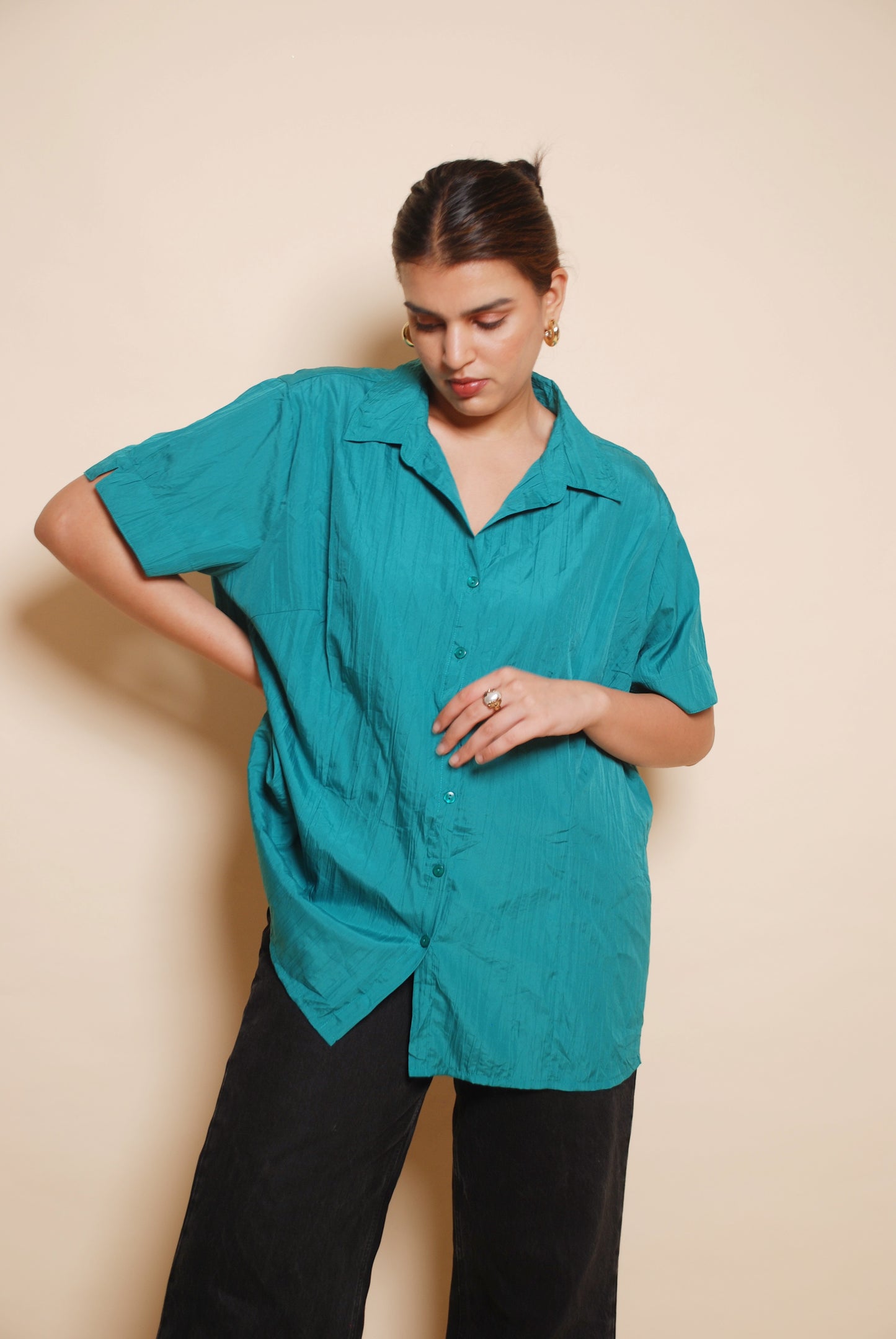 Sea green textured short sleeve shirt