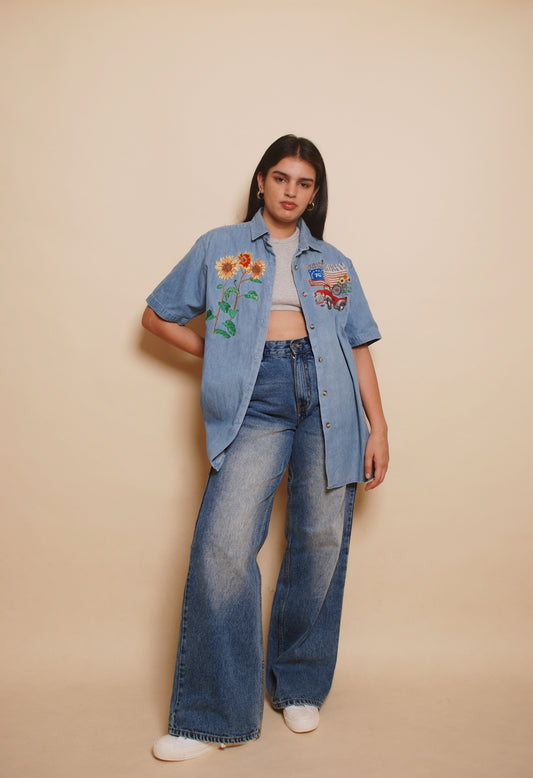 Vintage blue soft denim shirt with embroidery