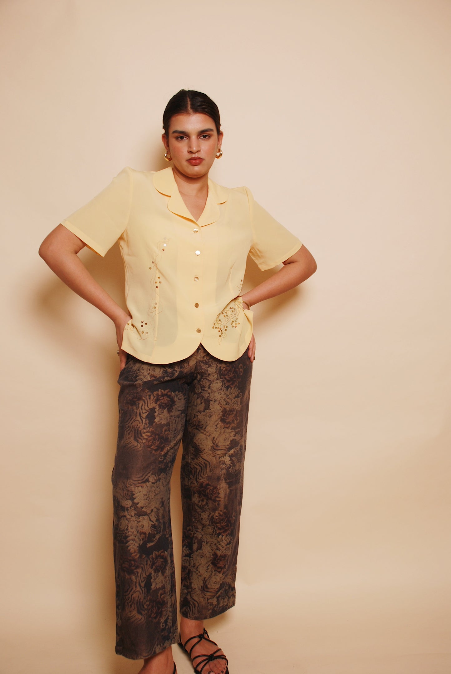 Yellow short sleeve embroidered blouse