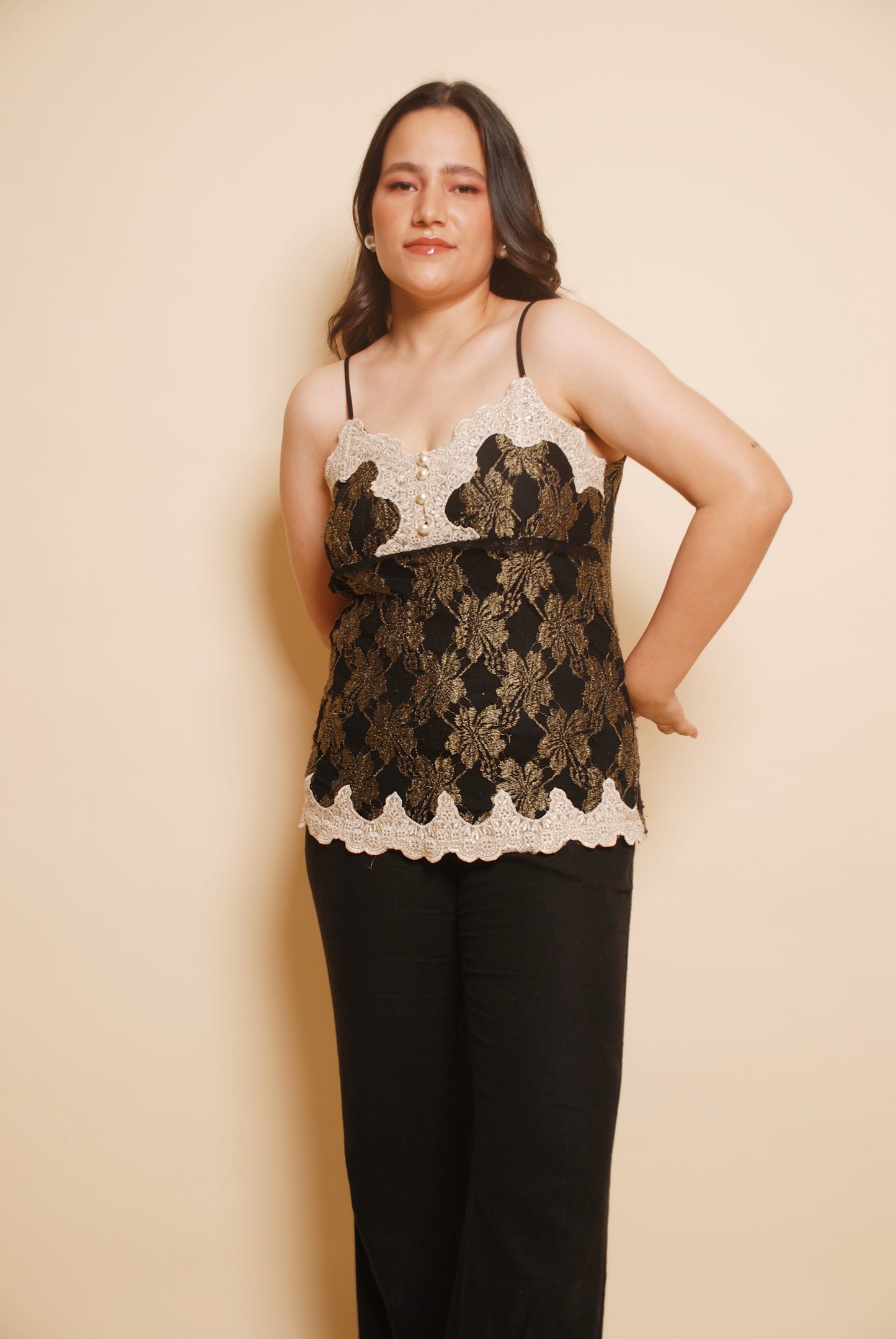 Black and gold spaghetti top with lace detailing