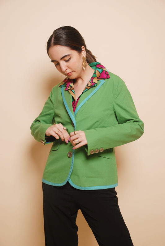 Green textured blazer with contrast piping