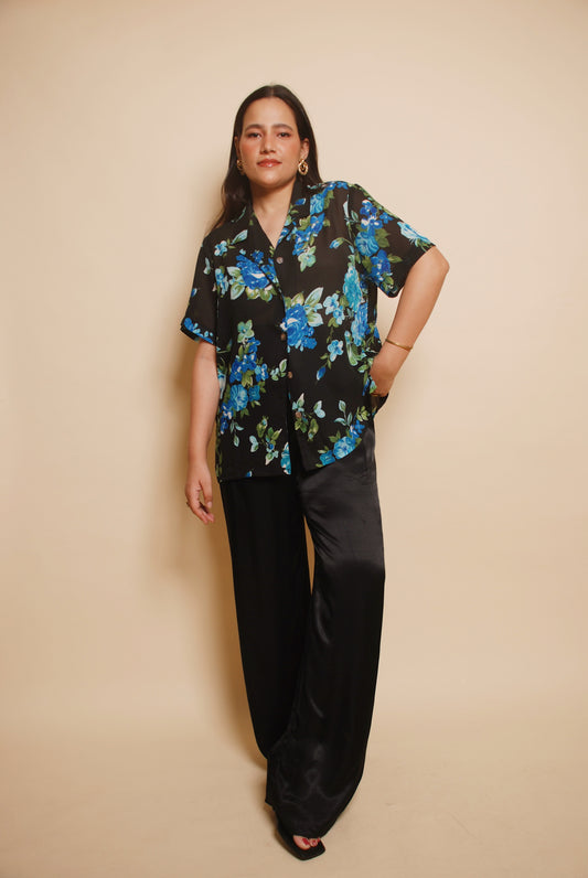 Black & blue see through floral resort shirt