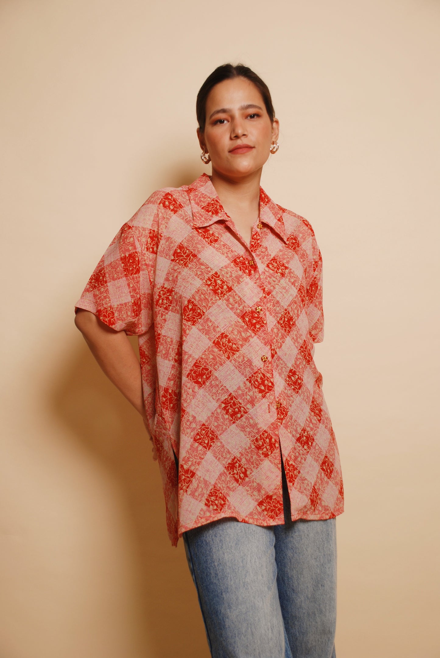 Red printed shirt with ornamental buttons