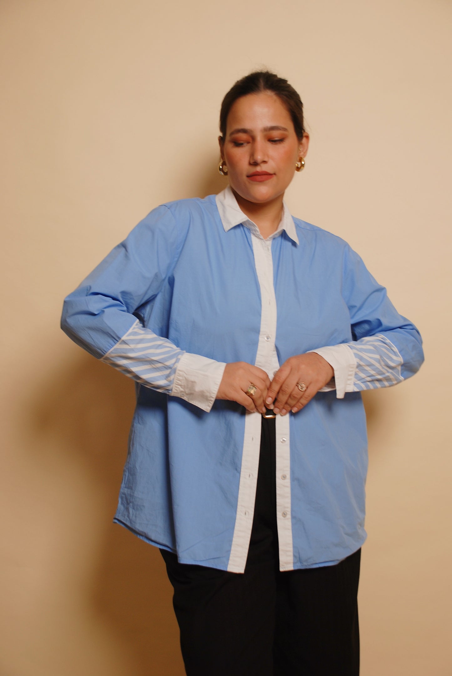 Sky blue solid & striped button-up shirt