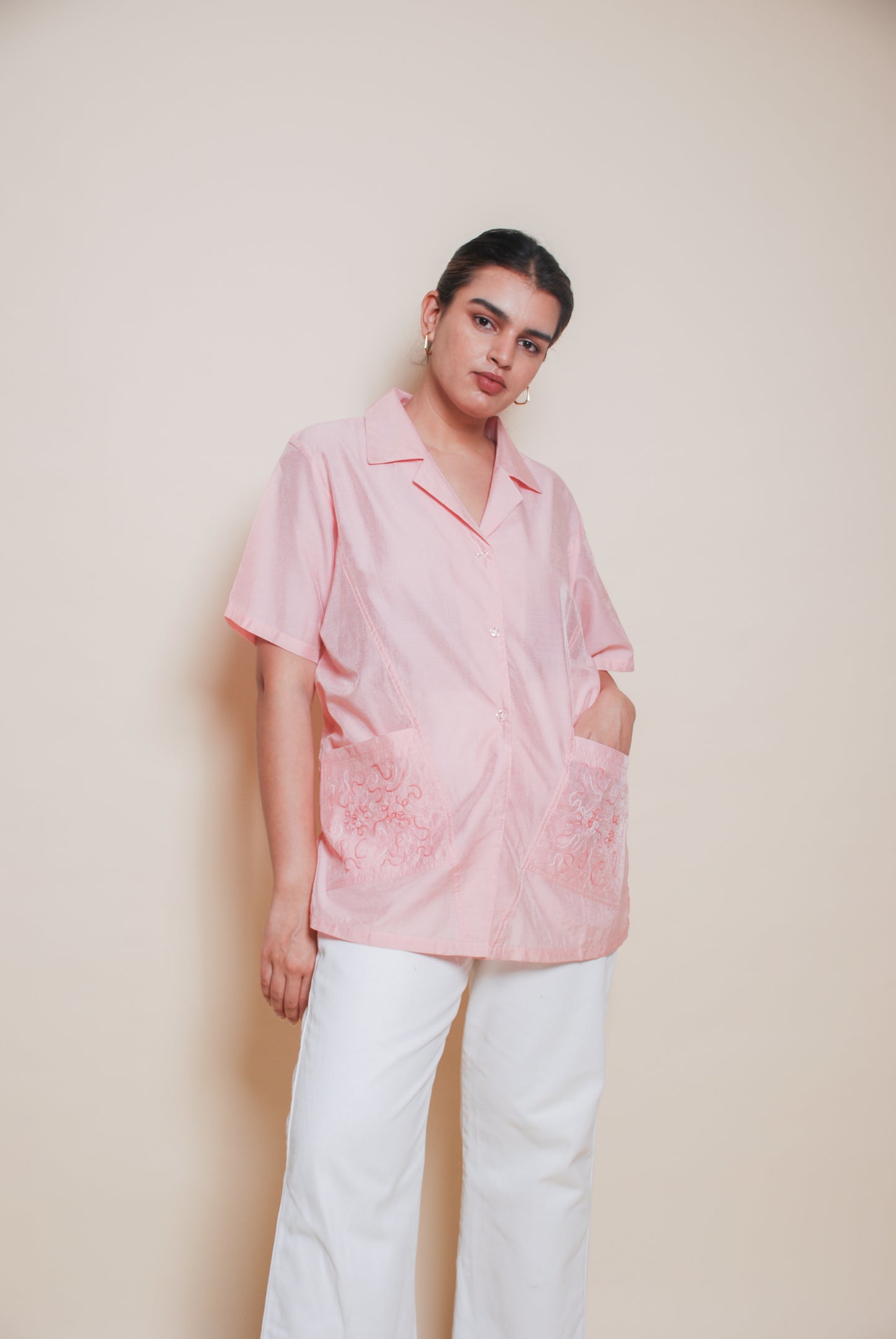 Pink short sleeve embroidered shirt