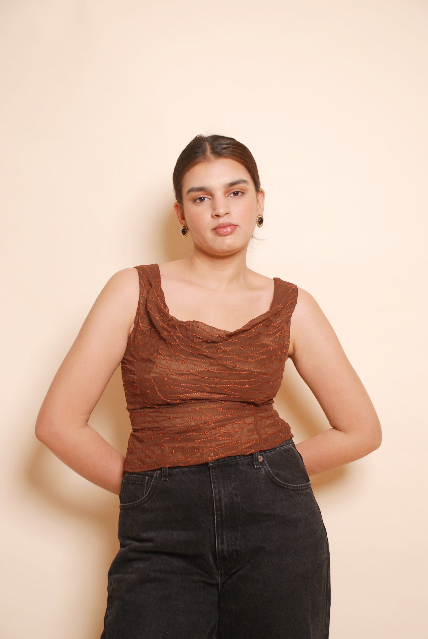 Brown embroidered sleeveless corset top