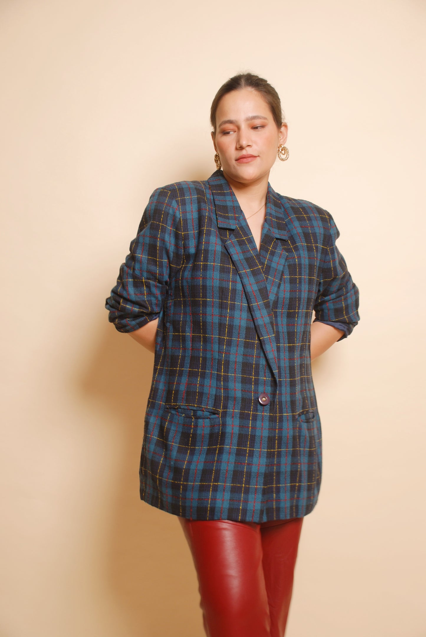 Vintage dark blue & teal checkered blazer