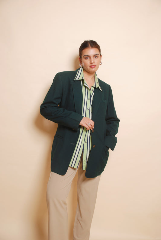 Juniper green full sleeve blazer with ornamental buttons