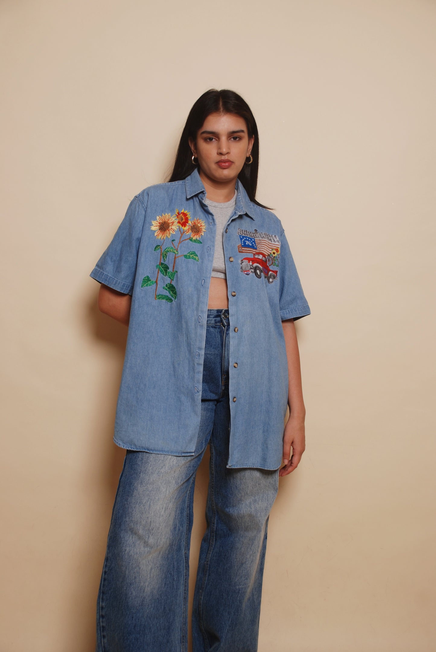 Vintage blue soft denim shirt with embroidery